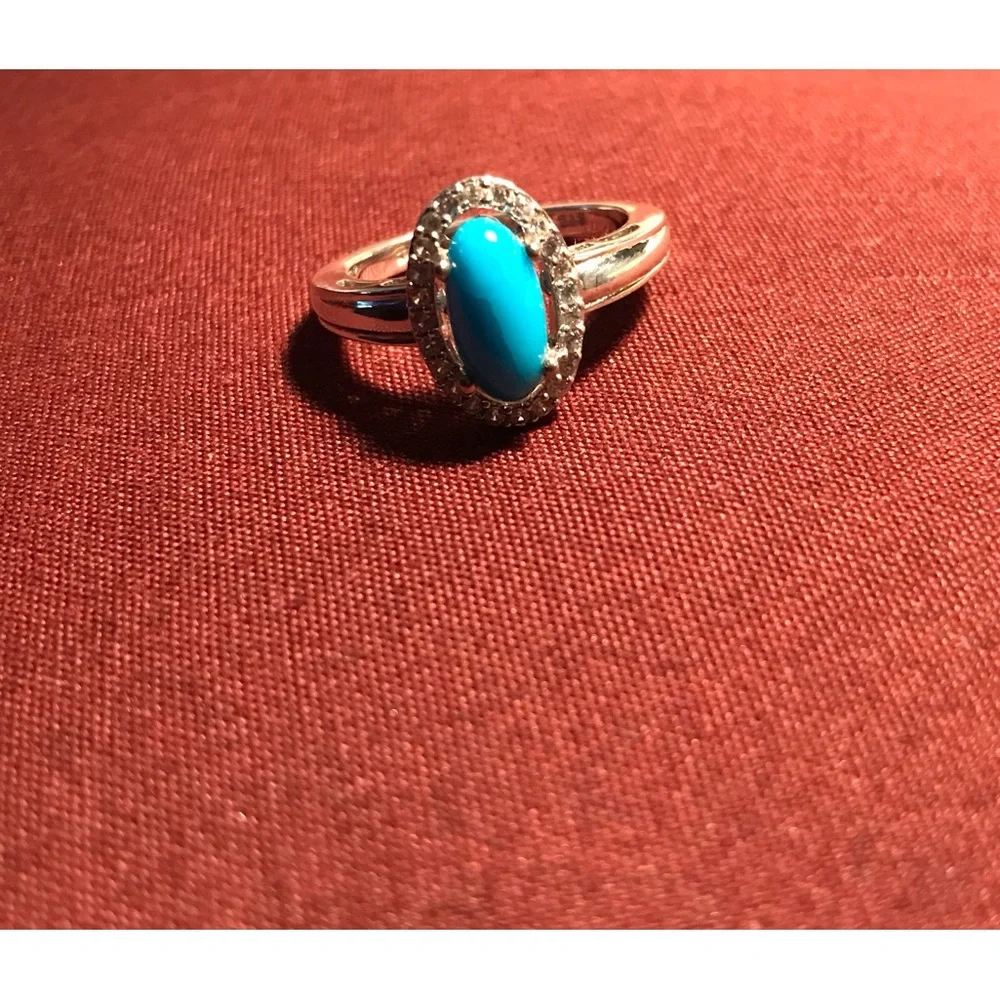 Sterling Silver Oval Turquoise CZ Ring Size 6 - Picture 12 of 14